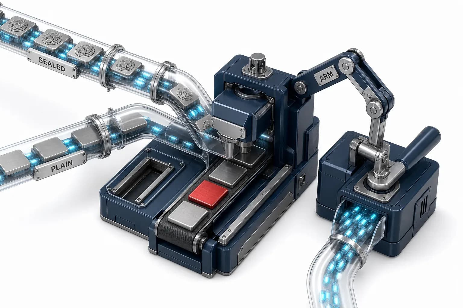 Two tubes merge into one intake, one carrying sealed plates and one bare plates, and the machine reading both without a sorting gate drives an arm that has pressed a lever on an output block.