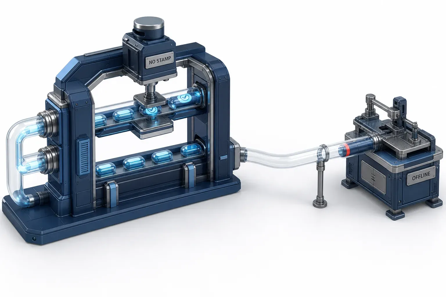 An issuing gate whose lower lane bypasses the stamping press, sending a sealed cartridge along a tube to a workbench standing well outside the assembly.