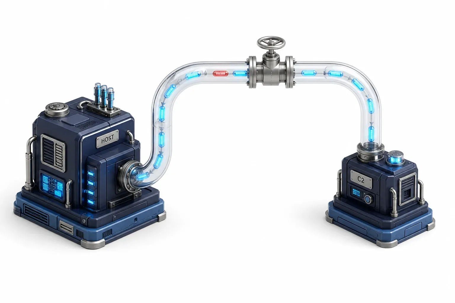 Host block linked to a remote C2 control unit by a single data tube.