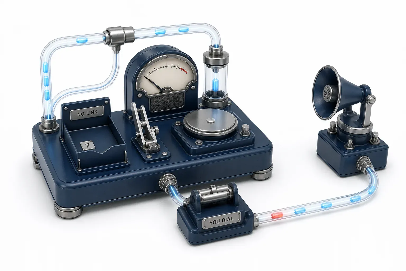 A bench whose envelope tray holds only a number plate with the link clamp empty, a light disc keeping the alarm needle below its trip line, and an outbound horn line returning a tool cradle.