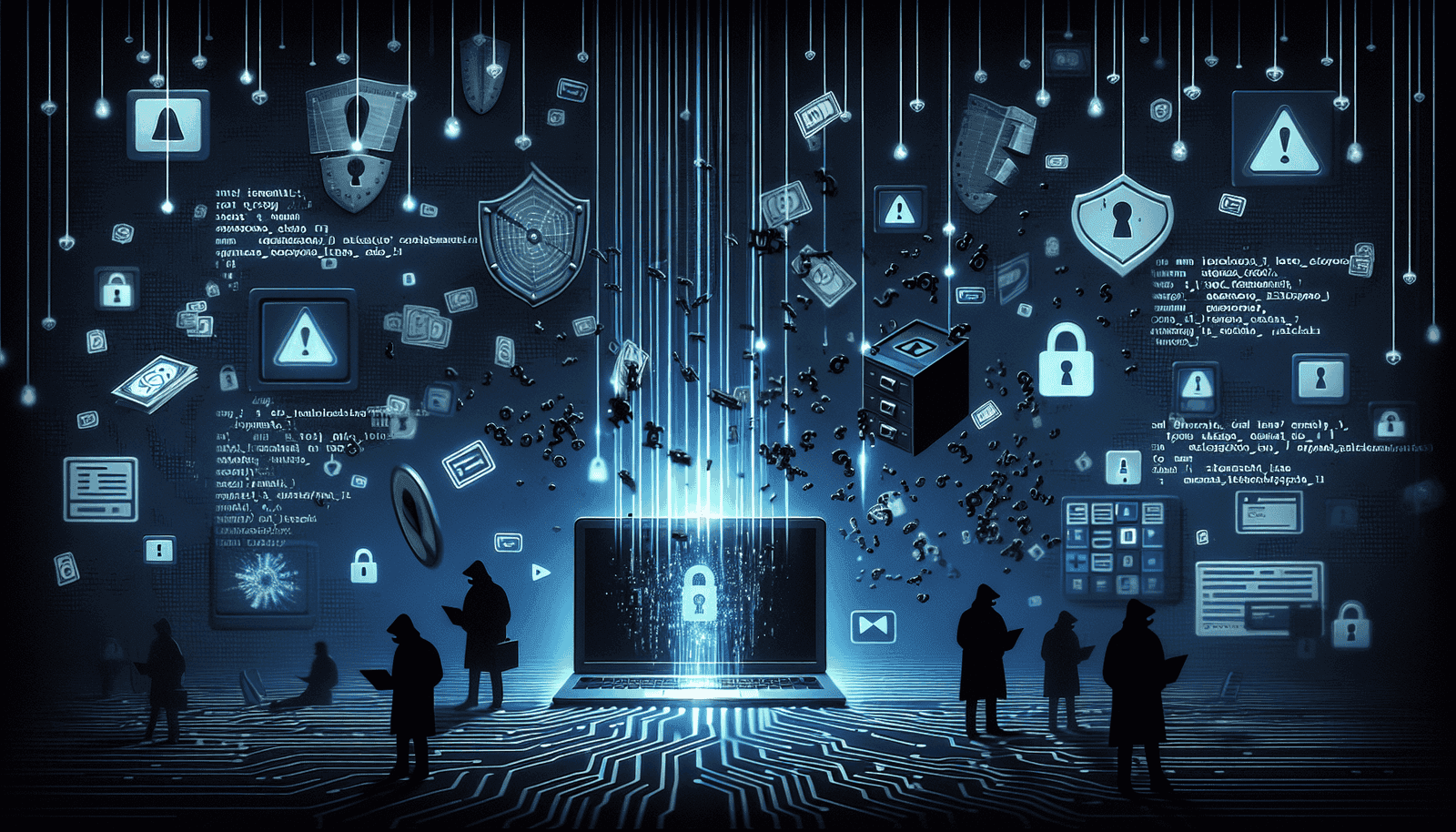 Team around central laptop displaying lock with falling shields, warning icons, locks, code, and envelopes