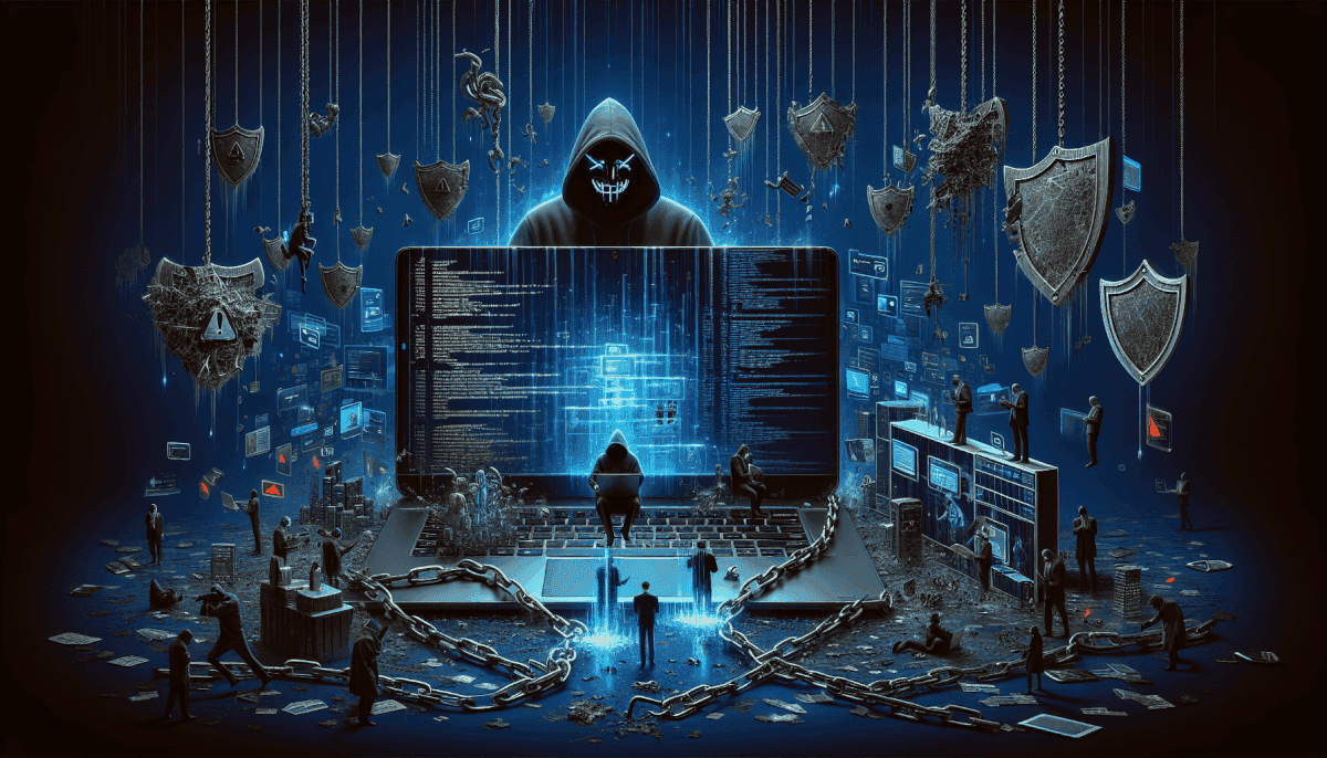 Hooded hacker with skull face above large screen displaying code with chains, shields, and figures