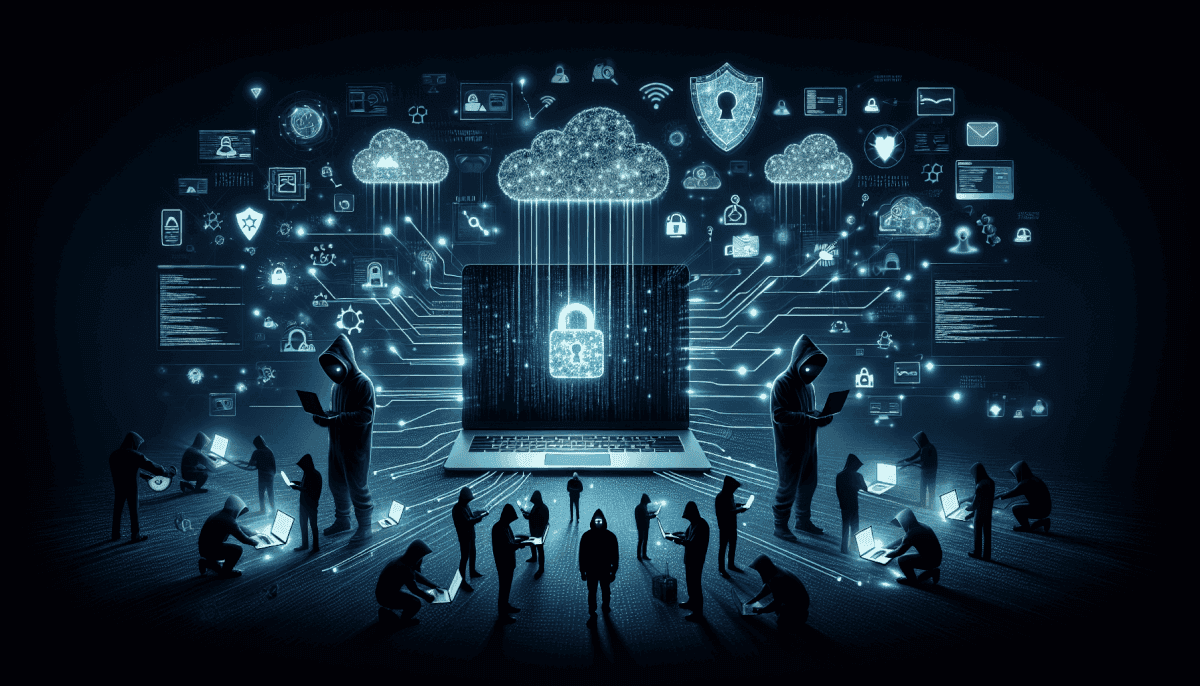 Large team around central laptop displaying lock with clouds, shields, wireless icons, and security symbols