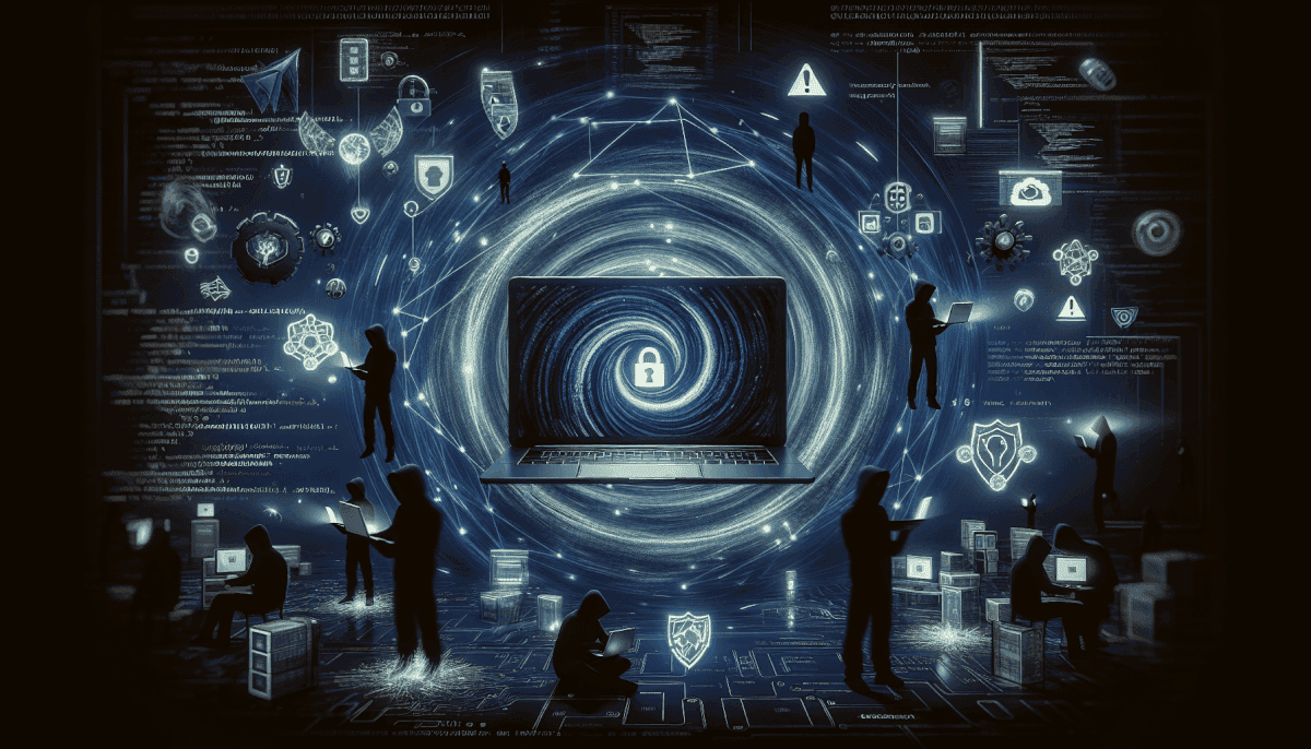 Large team surrounding central laptop with swirling lock vortex surrounded by shields, warning icons, code