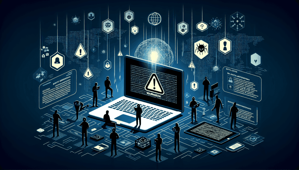 Team around laptop displaying warning icon with floating hexagons, spider, locks, globe, and code screens