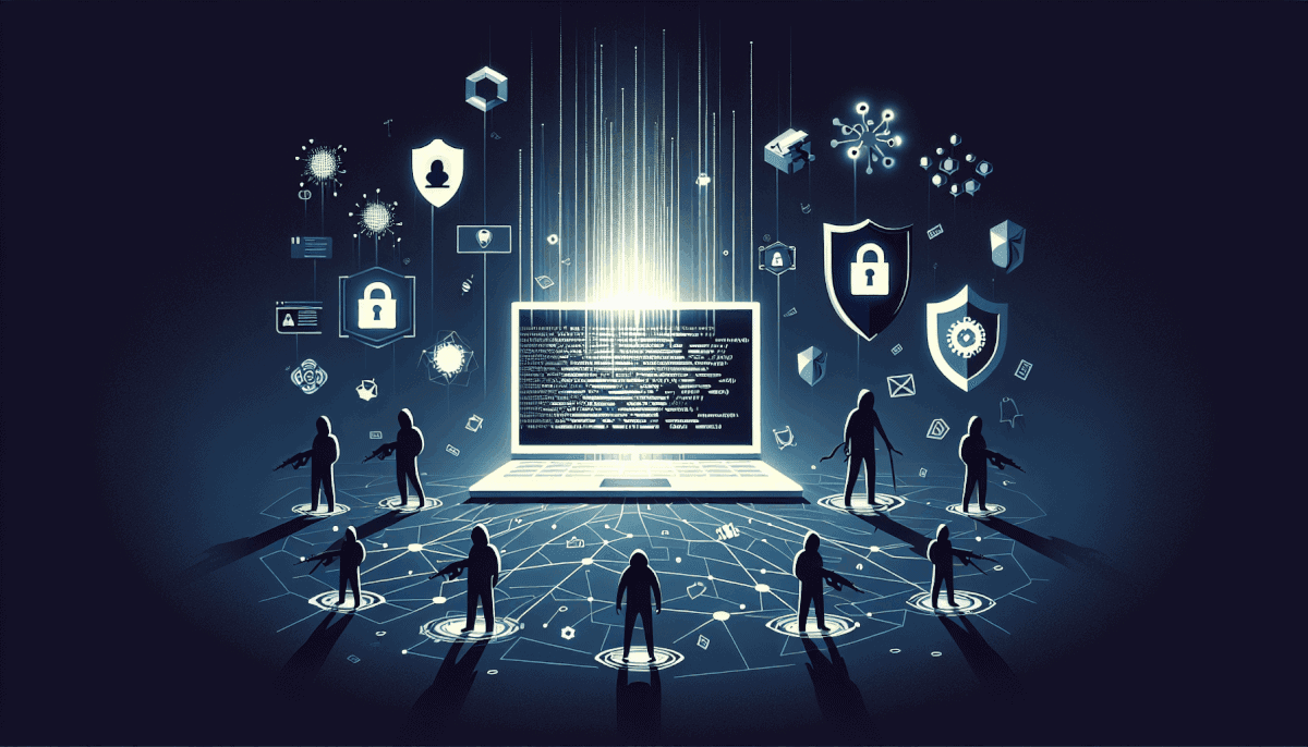 Large group surrounding central laptop displaying code with shields, locks, malware, and geometric security shapes