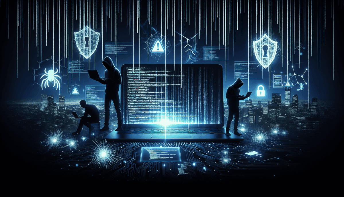 Multiple hackers around central screen displaying code with falling shields, spider, locks, and warnings