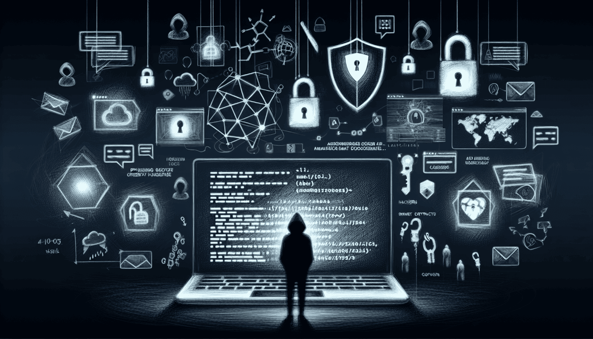 Hacker facing laptop displaying code surrounded by floating shields, locks, cloud, world map, and envelopes