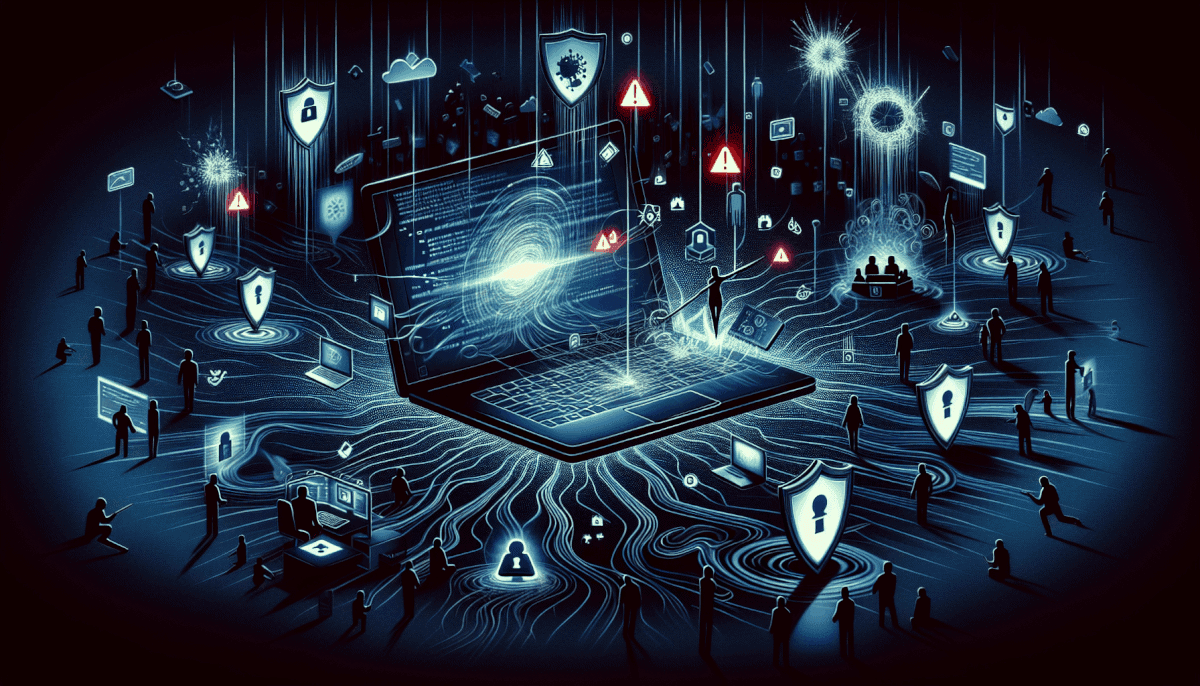 Large team around central tablet with data streams surrounded by shields, locks, warning icons, and malware