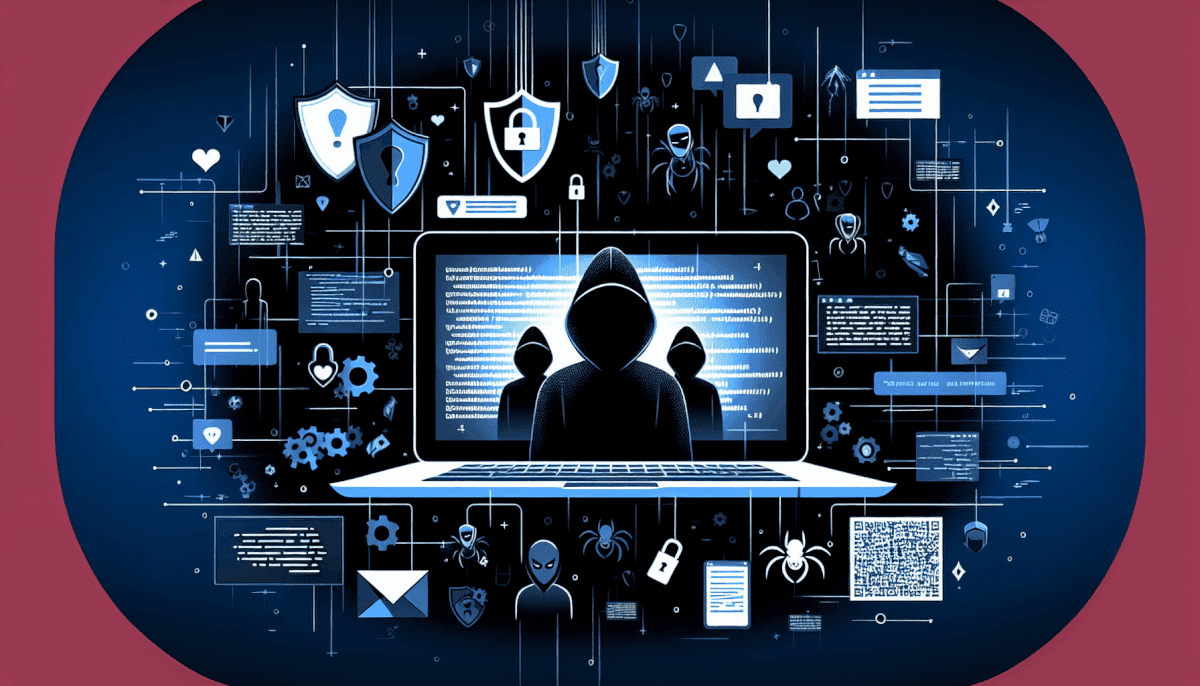 Multiple masked hackers at laptop displaying code with shields, locks, spider, hearts, and security icons
