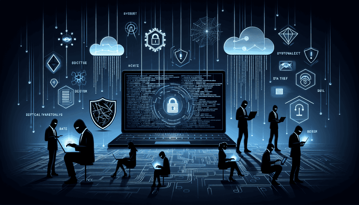 Business team around laptop displaying lock with code surrounded by clouds, shields, and threat type labels