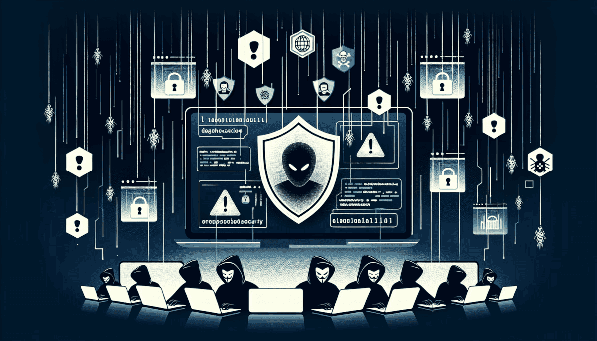 Large group of hackers at laptops with central shield displaying hacker icon surrounded by locks and threats