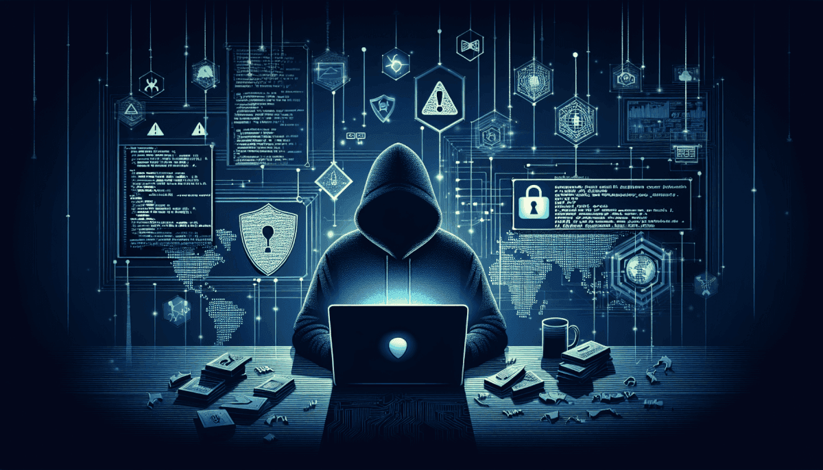 Hooded hacker at laptop surrounded by floating hexagonal shields, locks, warning icons, and code displays