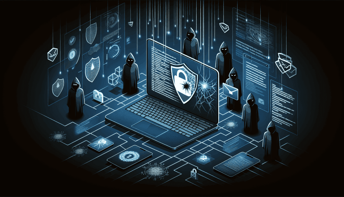 Multiple hooded hackers surrounding large laptop displaying shield with spider and malware threat