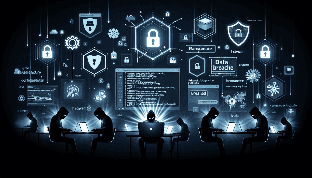 Team of hackers at laptops with central hacker displaying code surrounded by hexagonal locks and threat labels