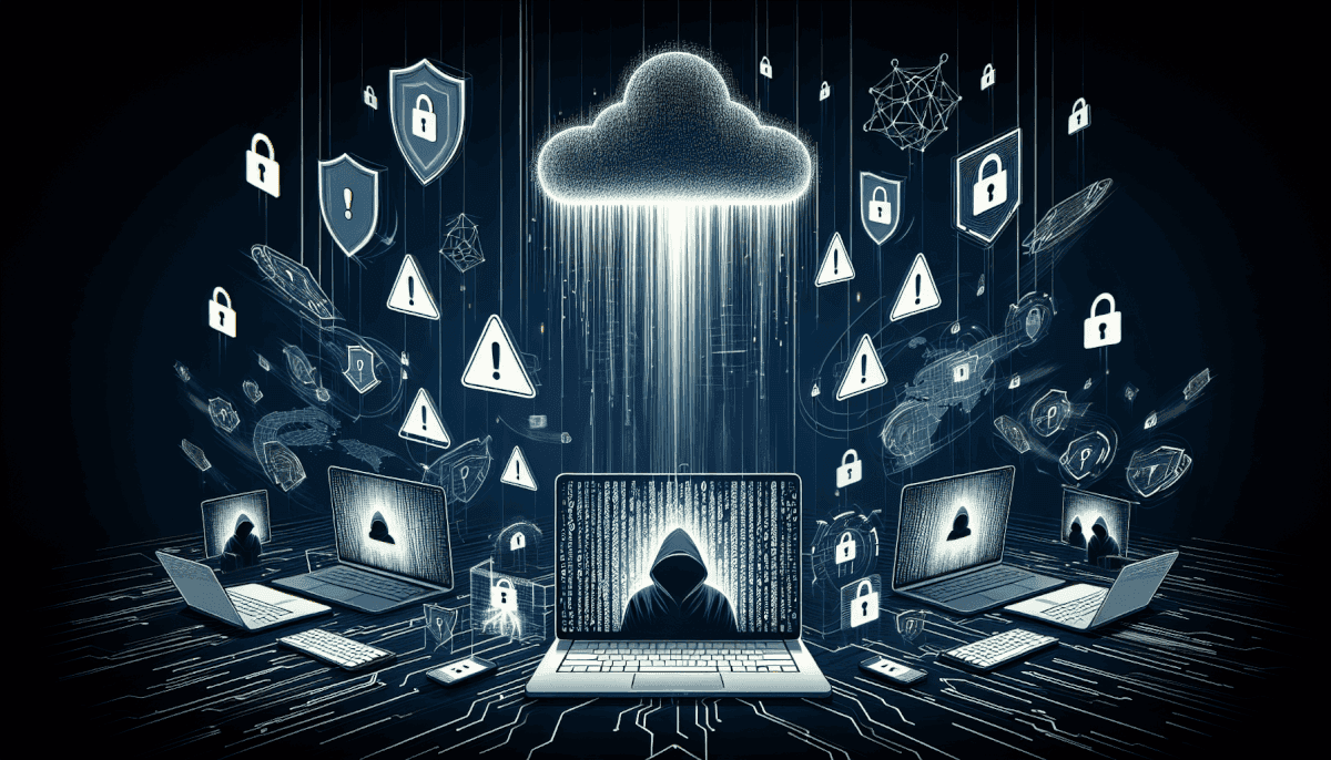 Central hacker surrounded by multiple laptops with cloud, shields, locks, warning icons, and malware
