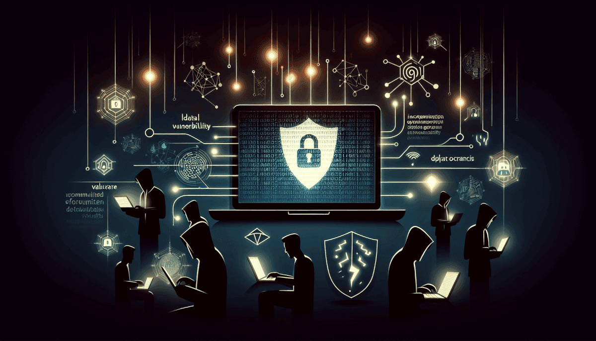 Business team around screen displaying shield with lock surrounded by hexagonal symbols and vulnerability labels