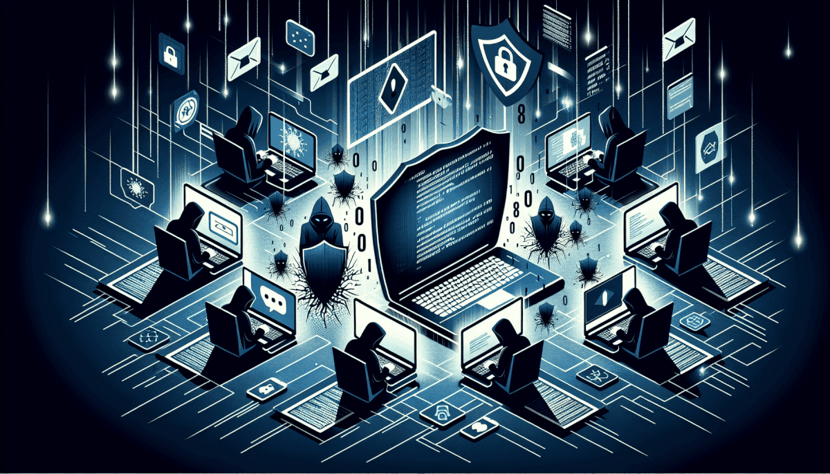 Multiple hackers at computers around central laptop displaying code with shields, locks, malware, and envelopes