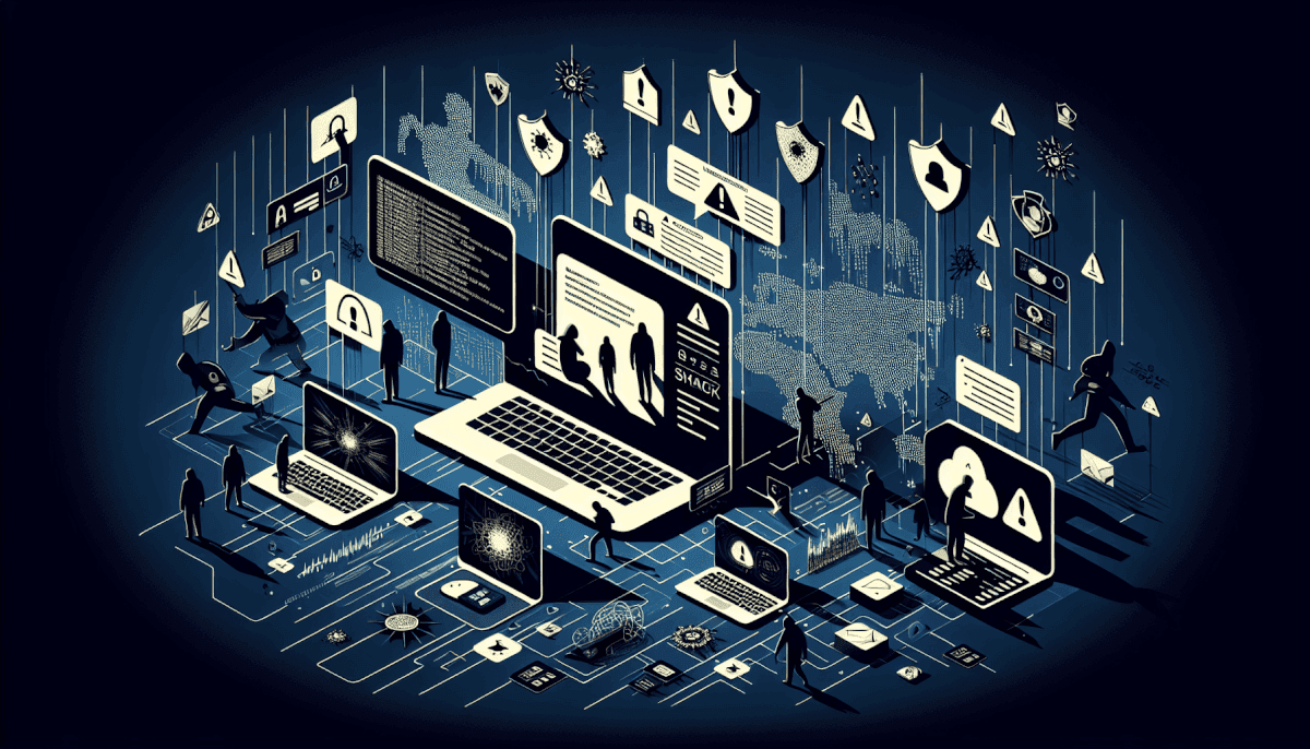Team around multiple screens displaying silhouettes with falling warning icons, locks, and malware threats