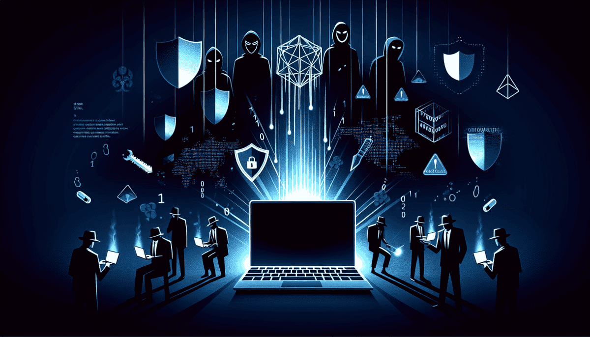 Business team around laptop with masked hackers above, shields, locks, and geometric security shapes