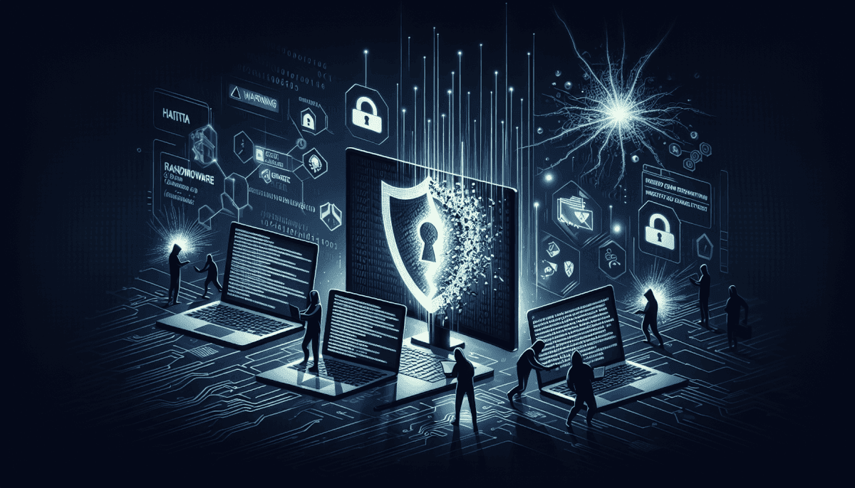 Team around multiple screens with central disintegrating shield displaying keyhole surrounded by threat icons