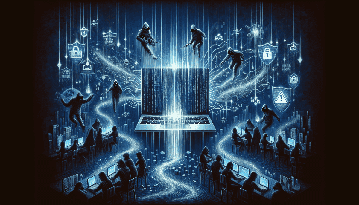 Multiple hackers attacking central laptop displaying code with shields, locks, warning icons, and data streams