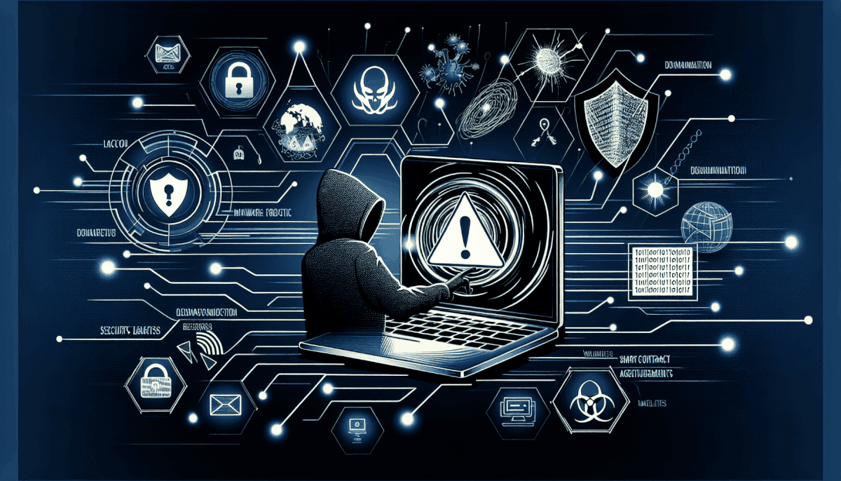 Hacker at laptop displaying warning icon surrounded by hexagonal shields, locks, malware, and threat labels