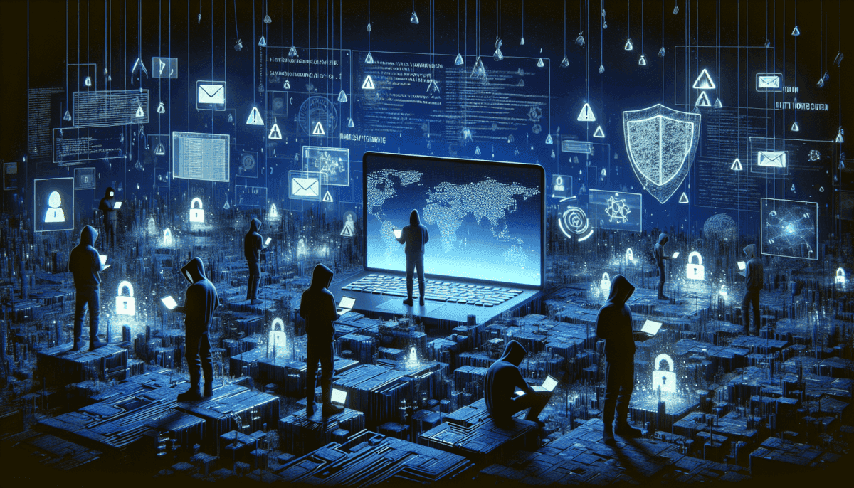 Team surrounding laptop displaying world map with falling warning icons, shields, locks, and envelopes
