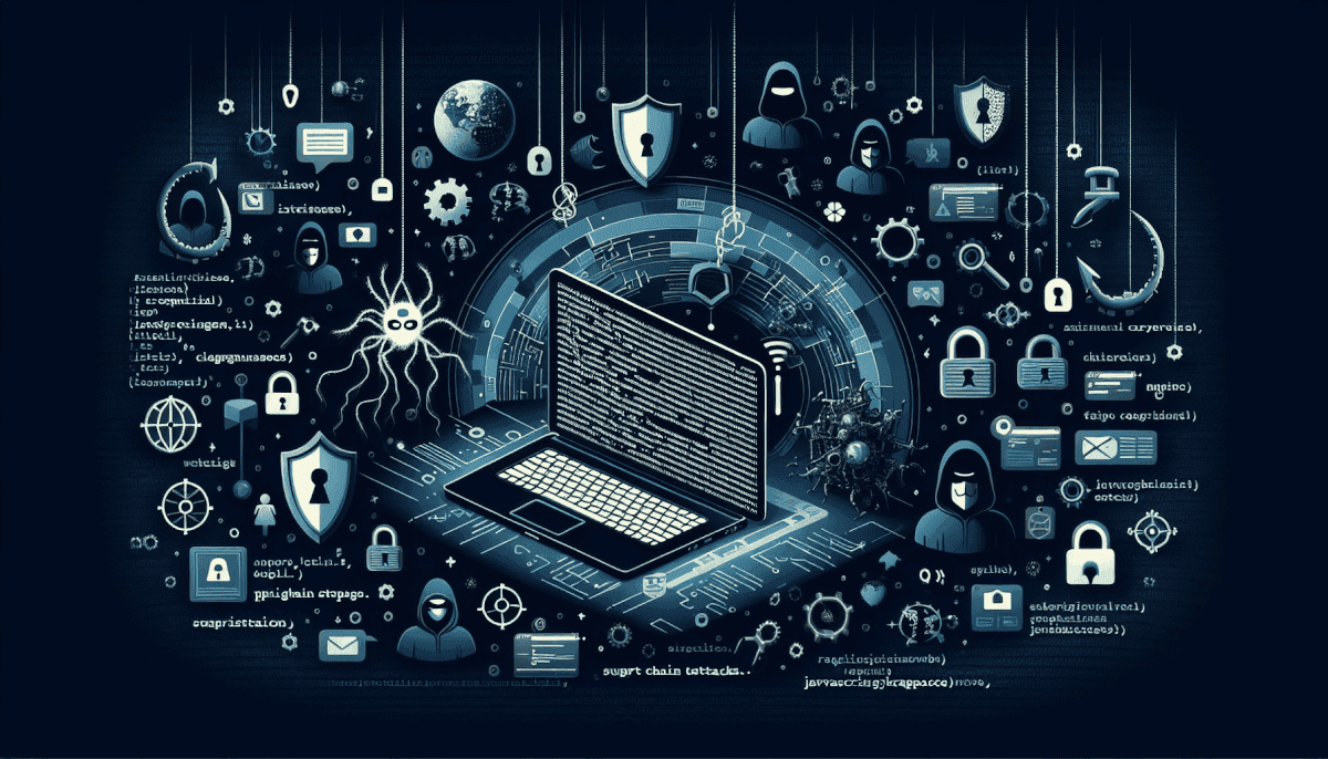 Laptop surrounded by code, hackers, shields, locks, malware spider, globe, and security threat labels