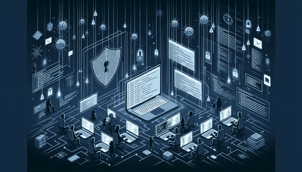 Large team at multiple laptops with central shield displaying keyhole surrounded by malware and warnings