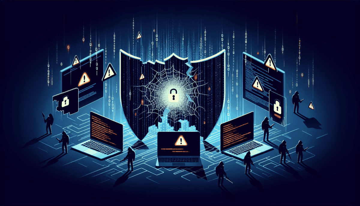 Team around multiple laptops with central shield displaying spider web, lock, and warning icons