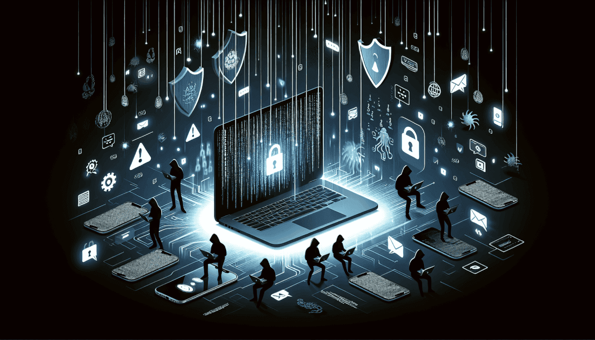 Large team around central laptop displaying code with falling shields, locks, warning icons, and malware