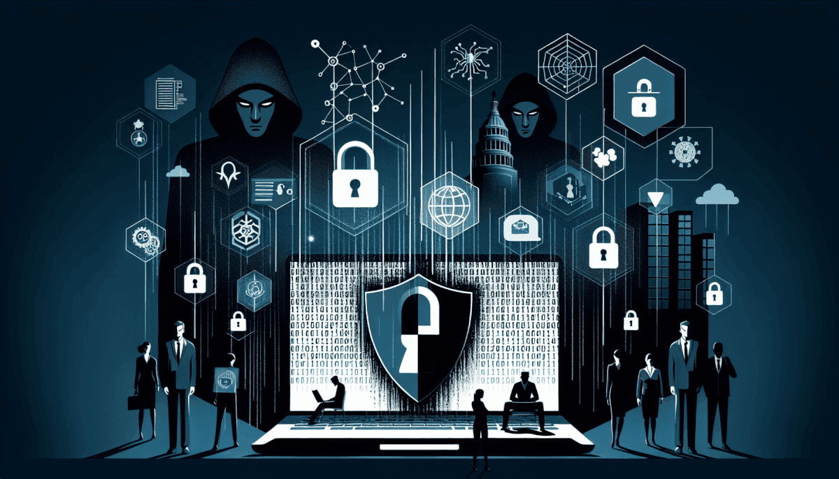 Business team around laptop displaying large shield with head icon surrounded by hexagonal security symbols
