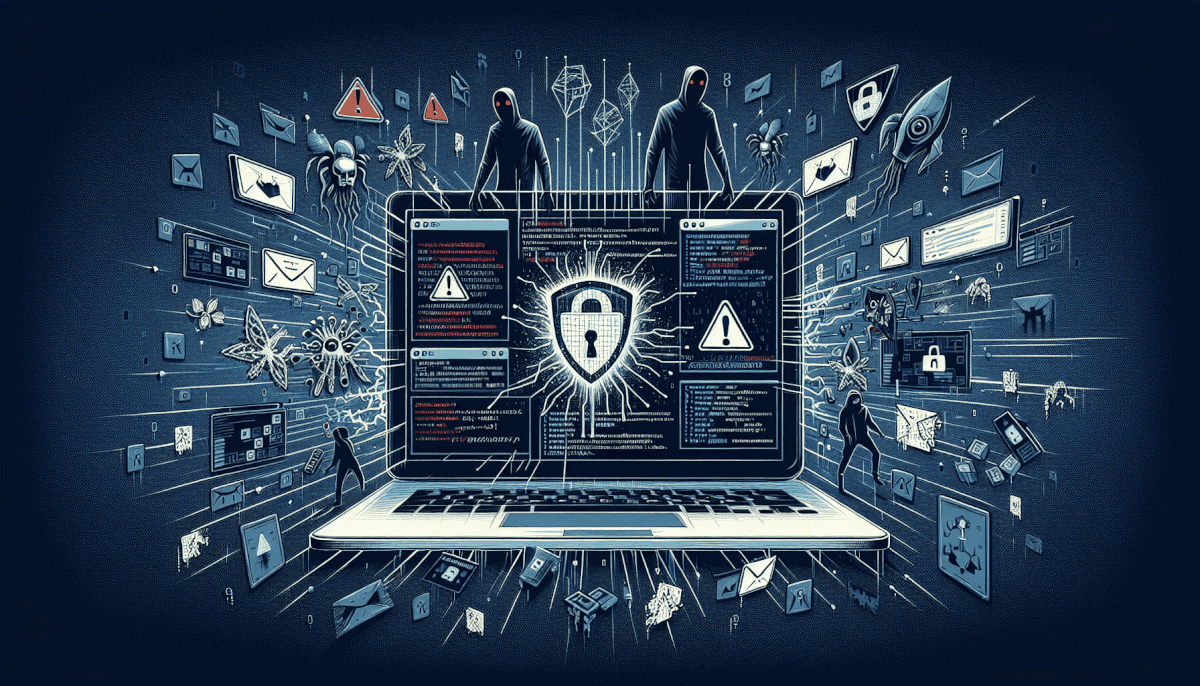 Hackers above laptop displaying central shield with lock surrounded by warning icons, code, and threats