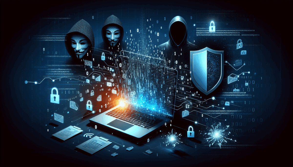 Multiple masked hackers above laptop displaying binary code with large shield, locks, and data streams