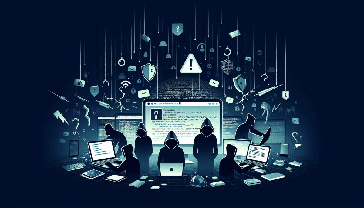 Multiple hackers surrounding large screen displaying code with warning icon, shields, locks, and threats