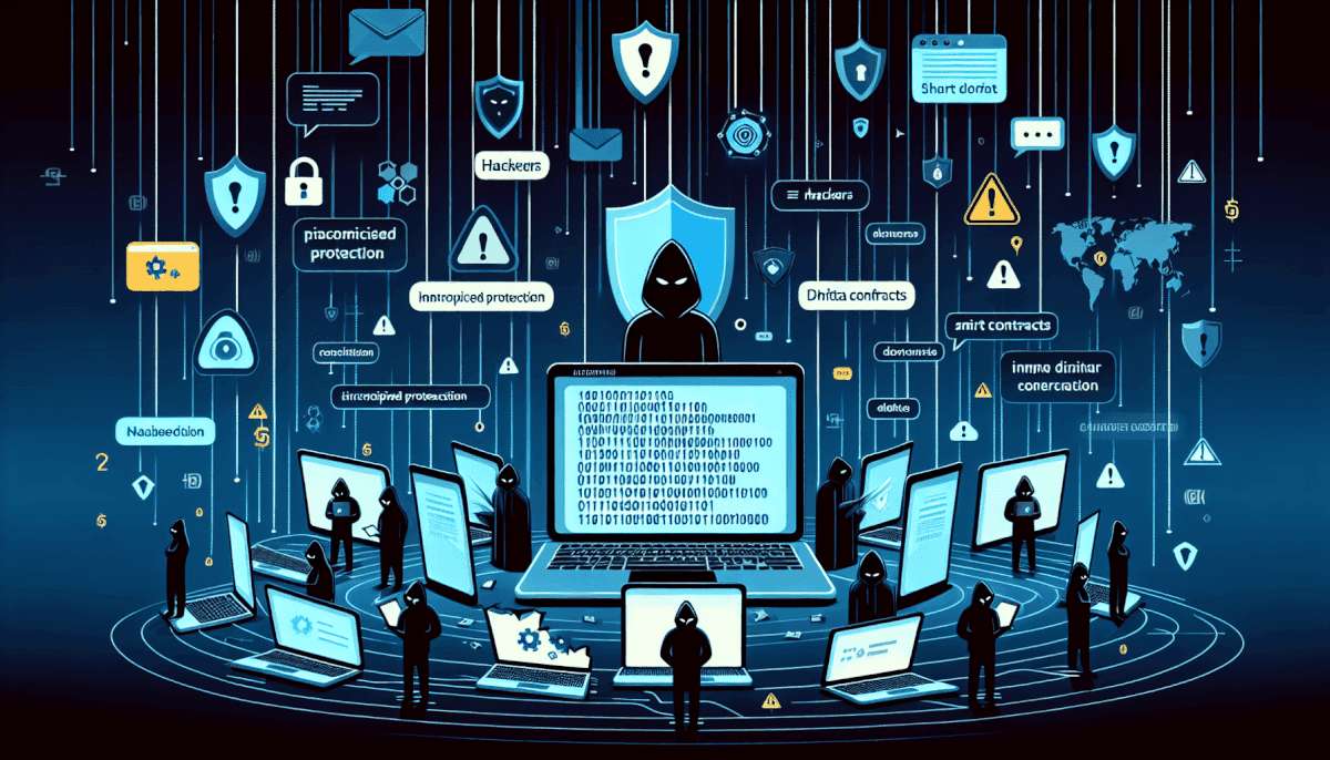 Multiple hackers around central laptop displaying binary code with shields, locks, warnings, and threat labels
