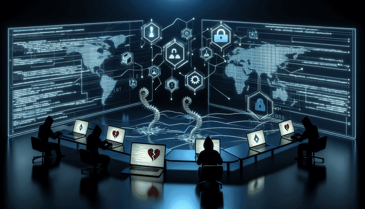 Team at laptops showing broken hearts surrounded by hexagonal shields, locks, malware, and world maps
