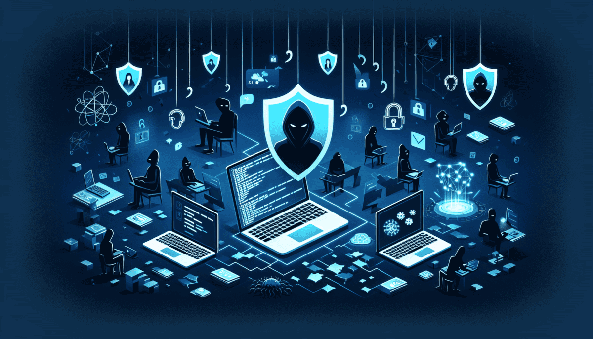 Multiple hackers around central shield with hacker icon surrounded by laptops, locks, and security threats