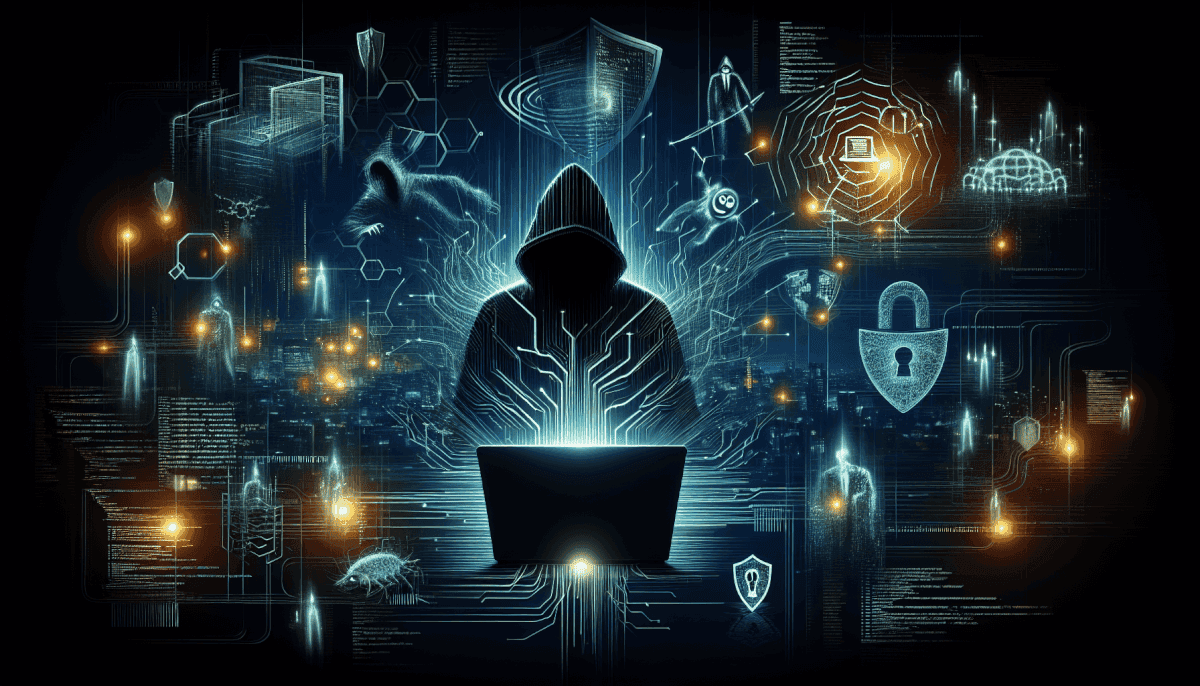 Hooded hacker at laptop surrounded by glowing shields, locks, circuit patterns, and security network icons
