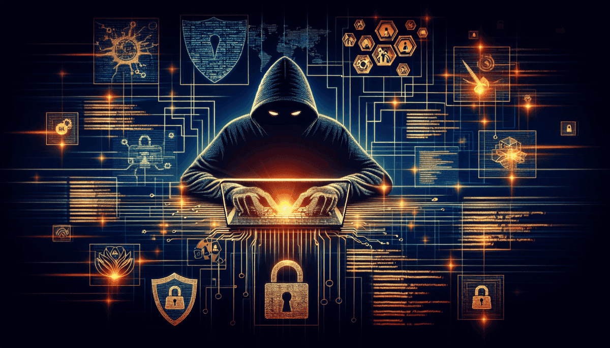Hooded hacker at laptop with glowing hands surrounded by shields, locks, code, and threat diagrams