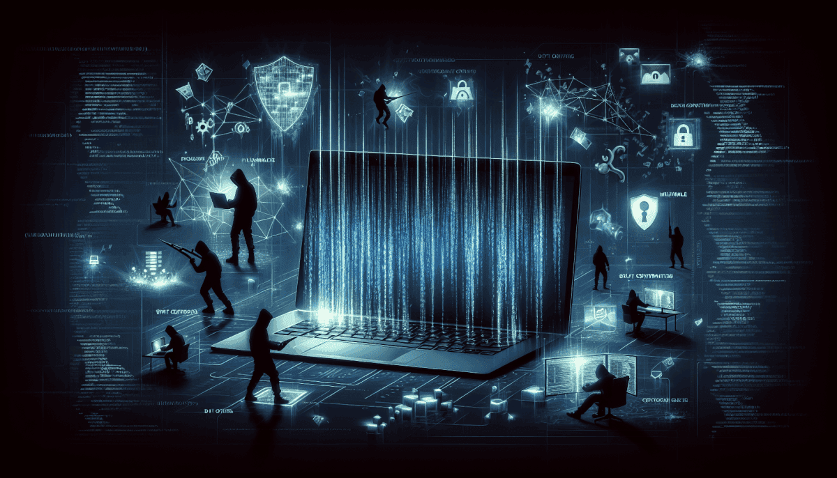 Multiple hackers around large laptop displaying data streams with shields, locks, code, and security threats