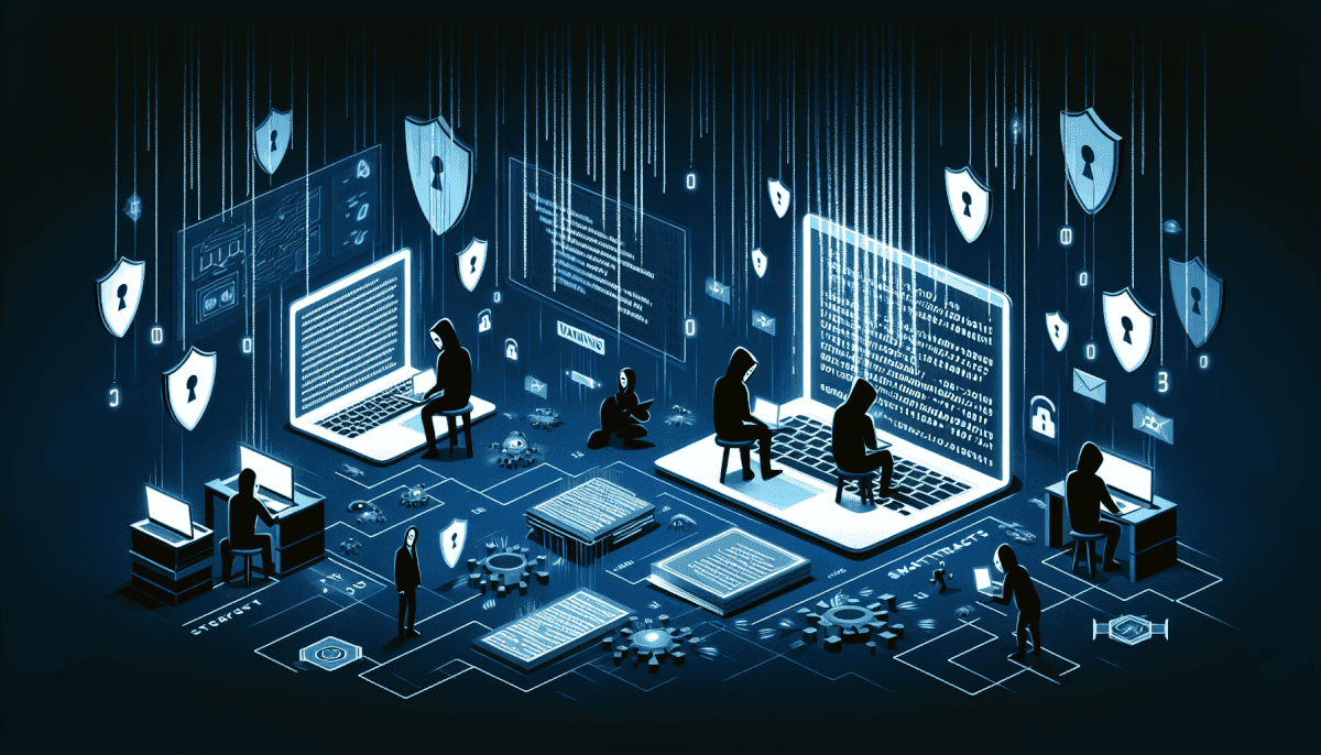 Team working on multiple screens with code surrounded by shields, locks, and security icons above