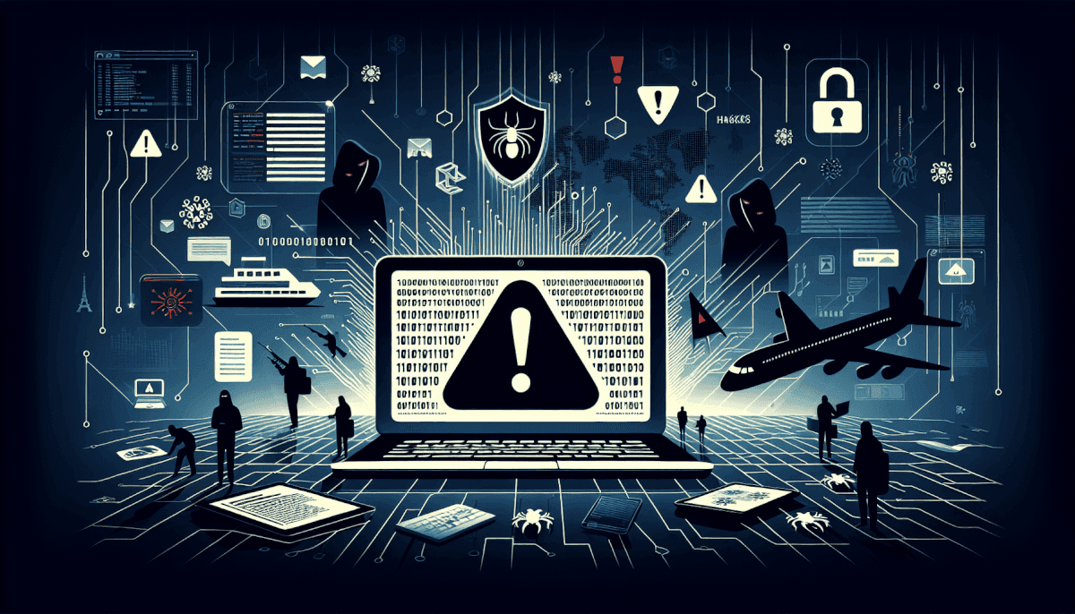 Team around laptop displaying warning icon with spider shield, locks, plane, ship, and hackers label