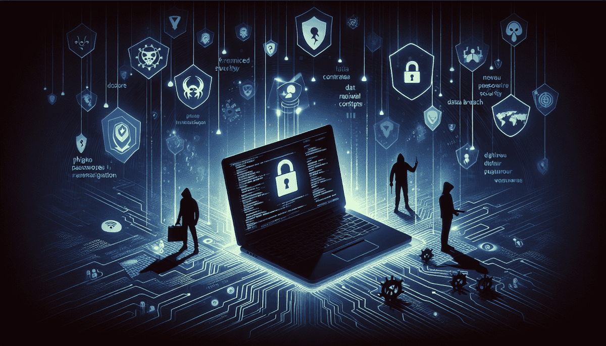 Team around laptop displaying lock with hexagonal shields showing cyber threats, exploits, and security vulnerabilities