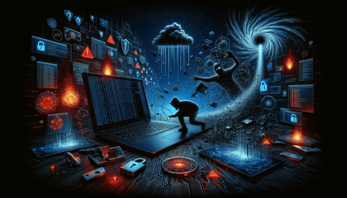 Hacker figure on laptop surrounded by screens, fire, tornado vortex, locks, and red warning symbols