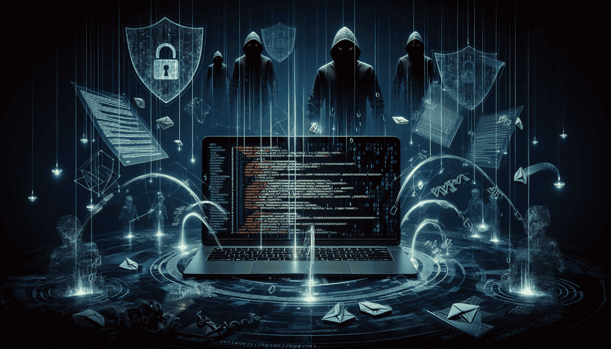 Masked hackers with shields and locks surrounding laptop displaying code with data streams and envelopes