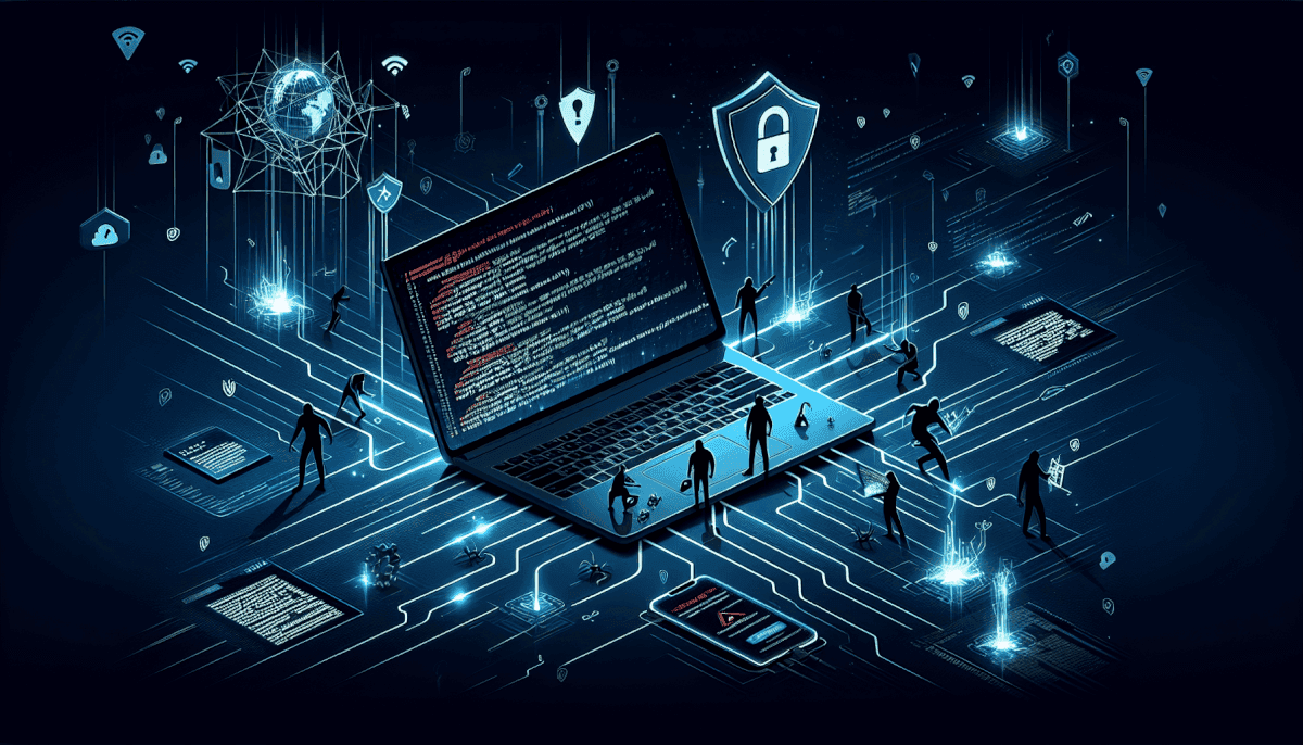 Team of figures on laptop displaying error code with shields, locks, globe, and wireless security icons