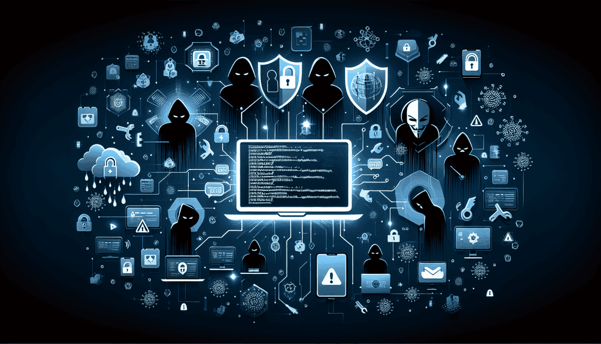Multiple hackers surrounding central laptop displaying code with shields, locks, malware, and cloud threats visible