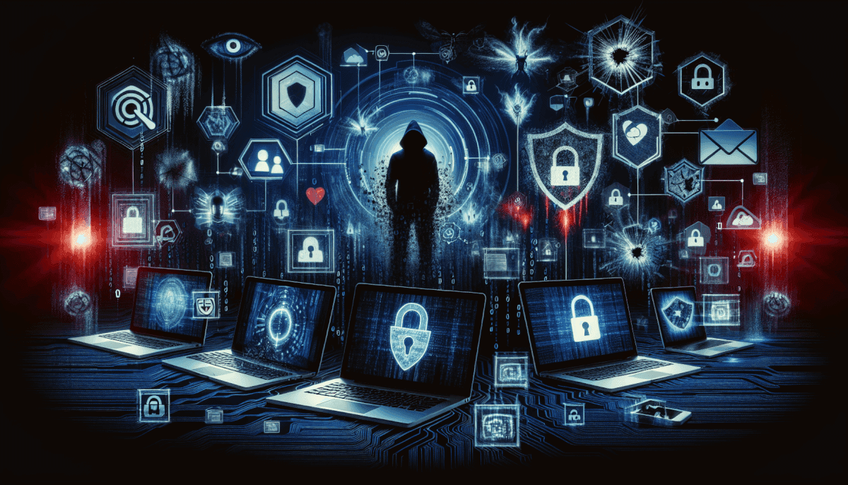 Central hacker figure surrounded by multiple laptops displaying locks with hexagonal shields and malware threats